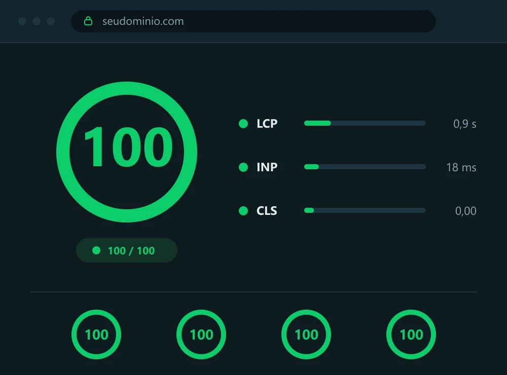 Relatório de desempenho com nota 100 para seudominio.com