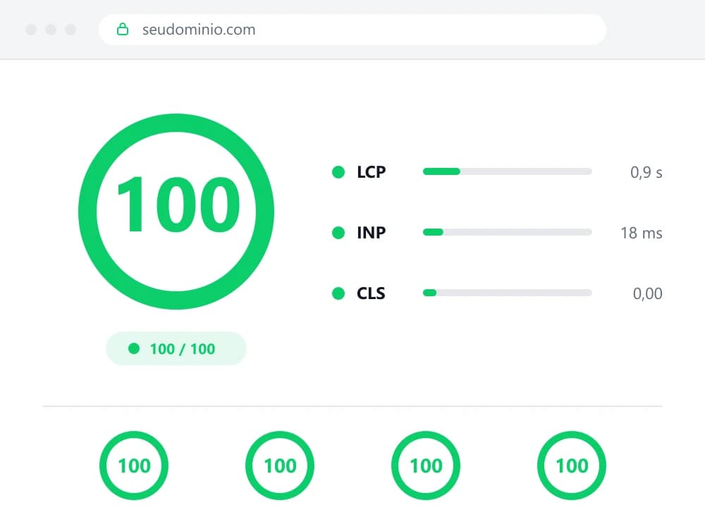 Relatório de desempenho com nota 100 para seudominio.com